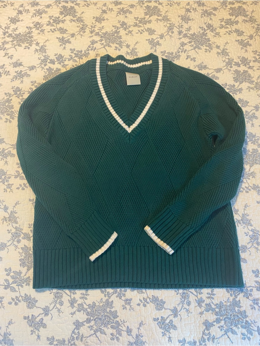 Varley Ray Diamond V-Neck Knit Cotton Forest Green and White Sweater Size XS